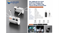 Auriver mini 10000mAh power bank 22.5 fast charging with built in type c cable & plug