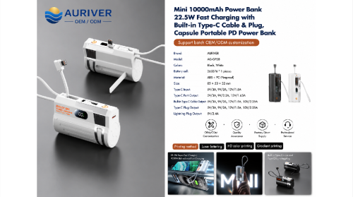 Auriver mini 10000mAh power bank 22.5 fast charging with built in type c cable & plug