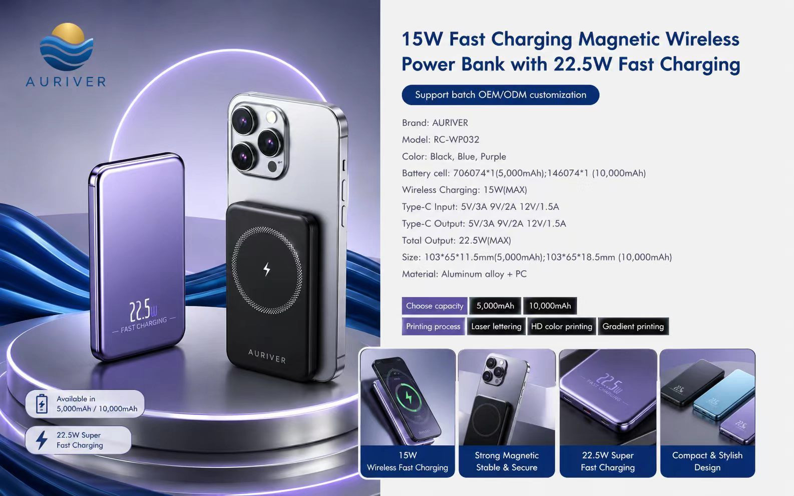 Auriver 5000mAh, 10000mAh and 20000mAh Wireless Power Bank