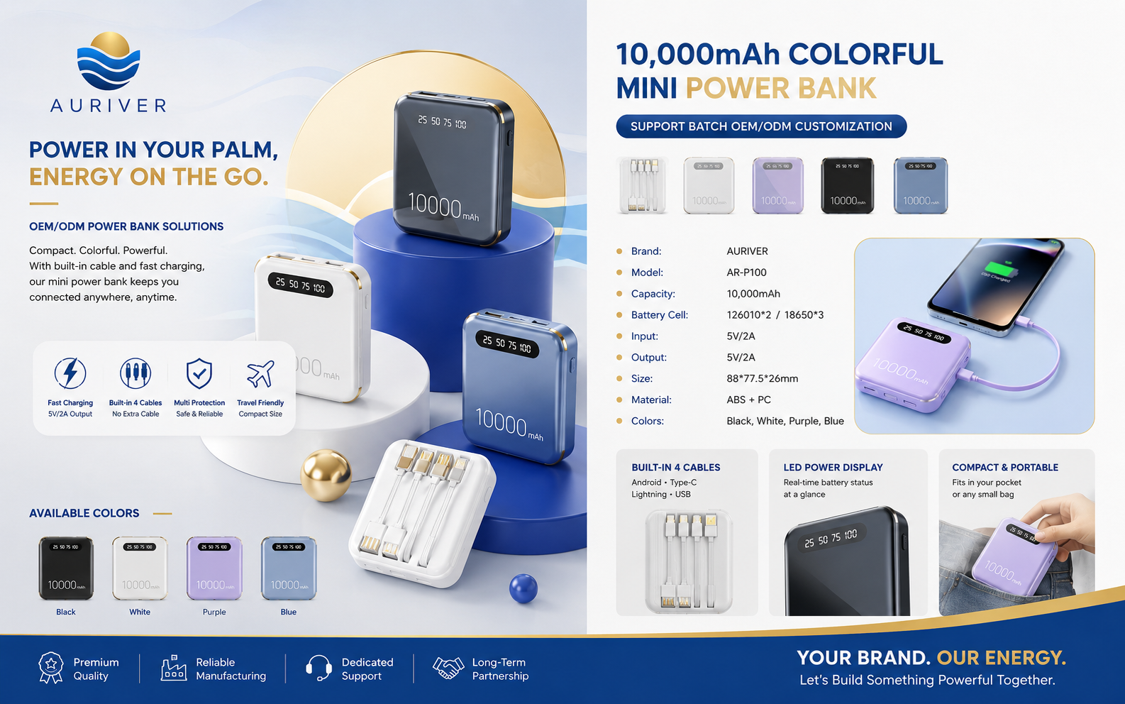 Auriver Mini 5000mAh and 10000mAh Built-in Cable Power Bank