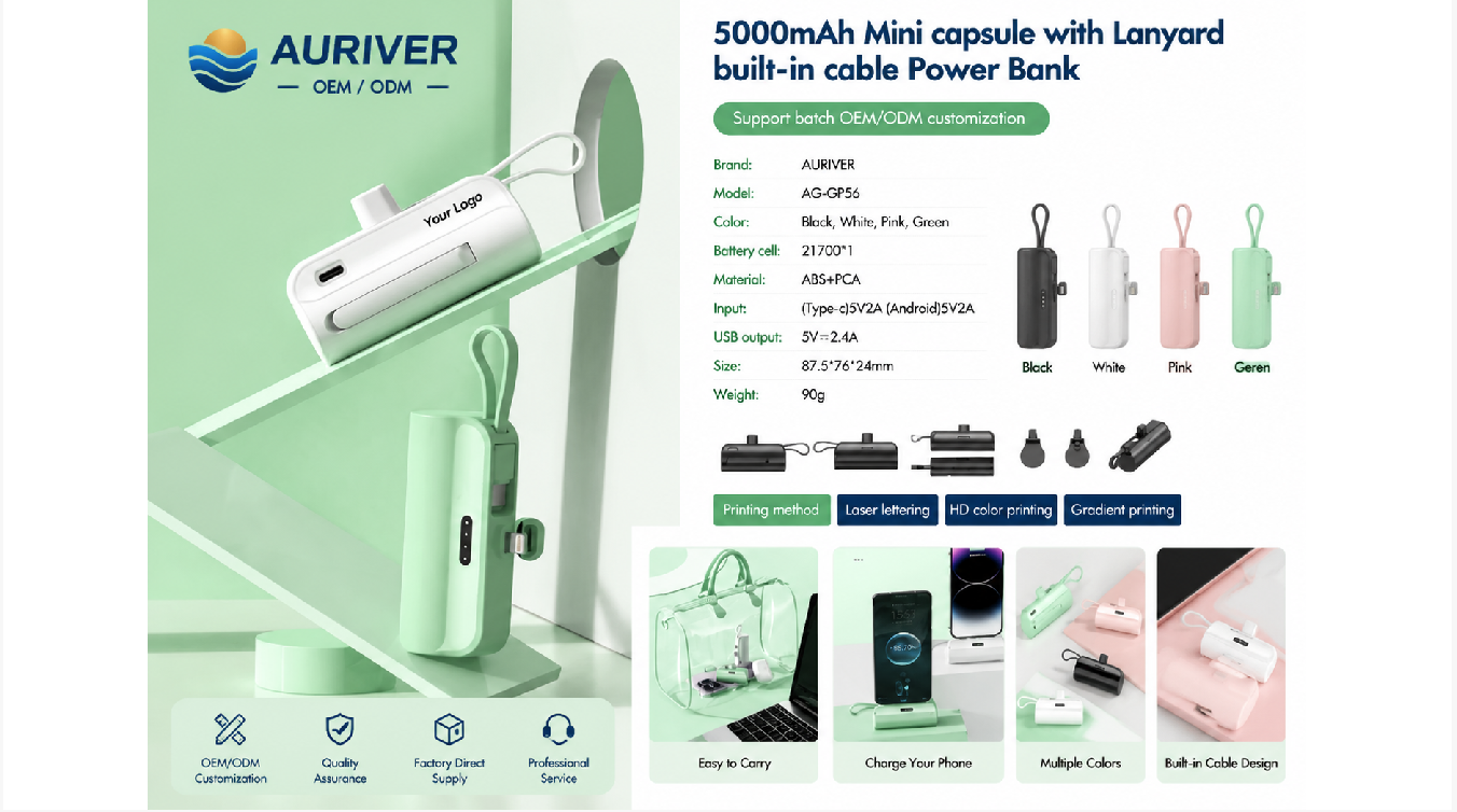 Auriver 5,000mAh Mini Capsule with Lanyard Built-in Cable Tail Plug Power Bank