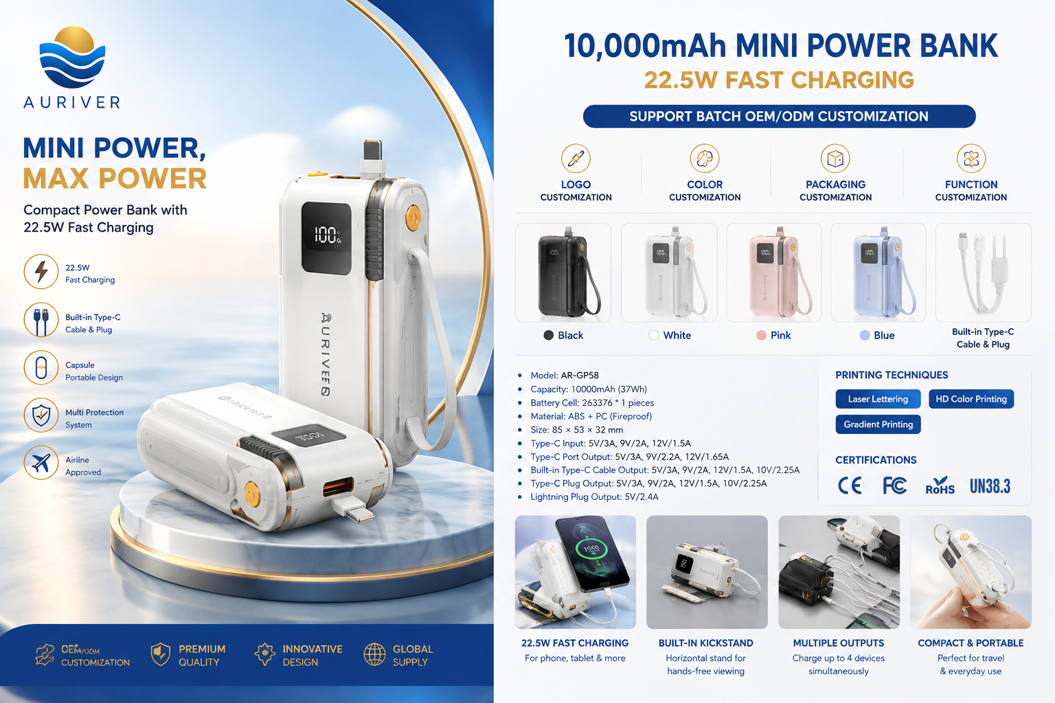 Auriver Mini 5000mAh and 10000mAh Built-in Cable Power Bank