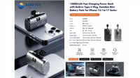 Auriver mini 10000mAh power bank 22.5 fast charging with built in type c cable & plug