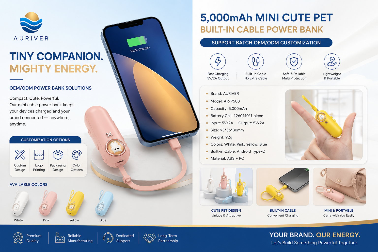 Auriver Mini 5000mAh and 10000mAh Built-in Cable Power Bank